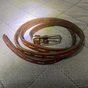 Thin Brown Leather Belt Silver Buckle Perforated